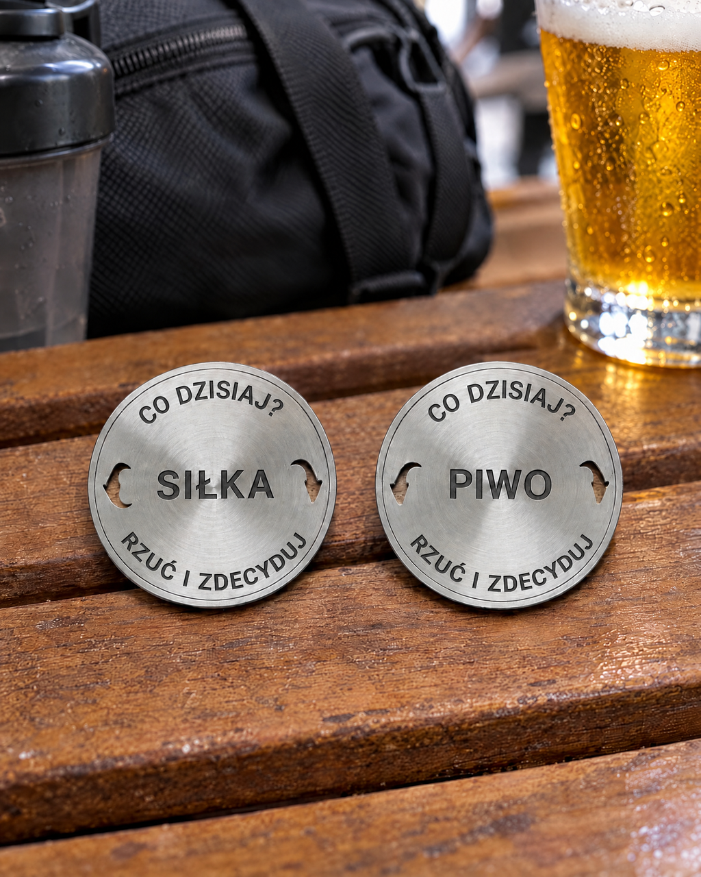 Moneta decyzyjna Siłka czy piwo, obie strony, stal nierdzewna 40 mm