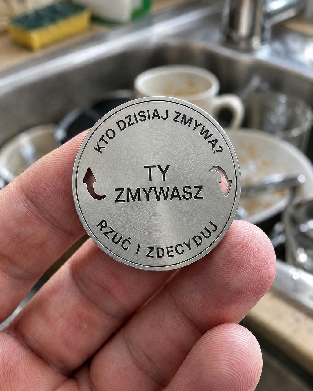 Moneta decyzyjna z grawerem Ty zmywasz trzymana w dłoni