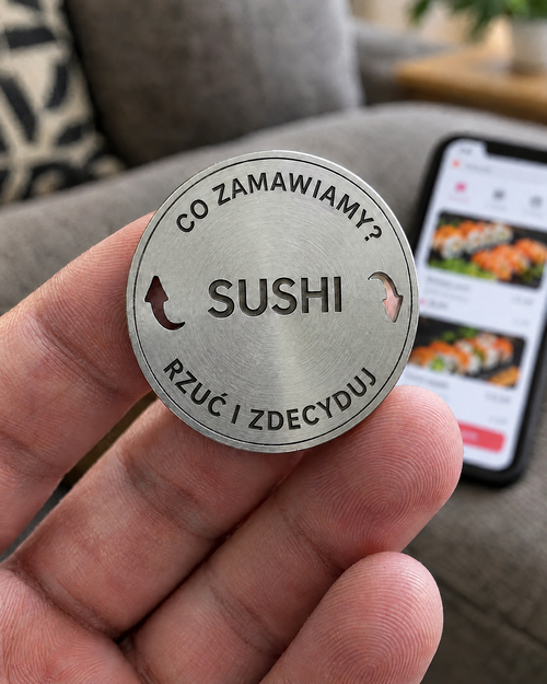 Moneta decyzyjna z grawerem Sushi trzymana w dłoni