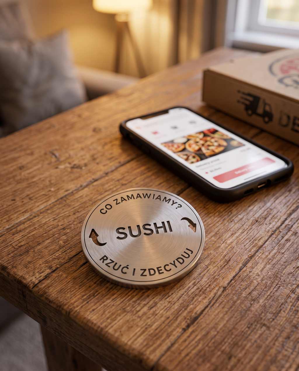 Moneta Pizza czy sushi obok telefonu z aplikacją dowozu [AI]