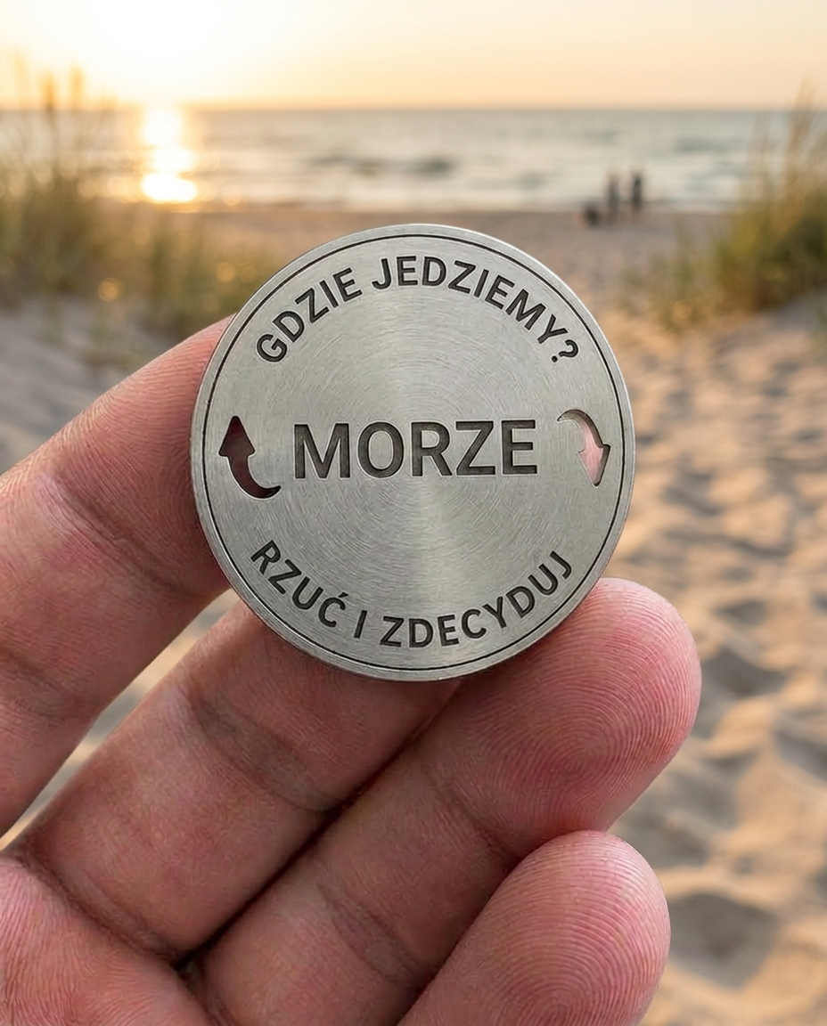 Moneta decyzyjna Morze trzymana w dłoni na plaży, skala [AI]