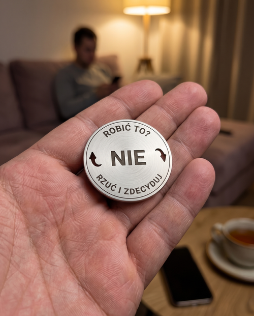 Moneta decyzyjna NIE na dłoni wieczorem w domu, skala [AI]