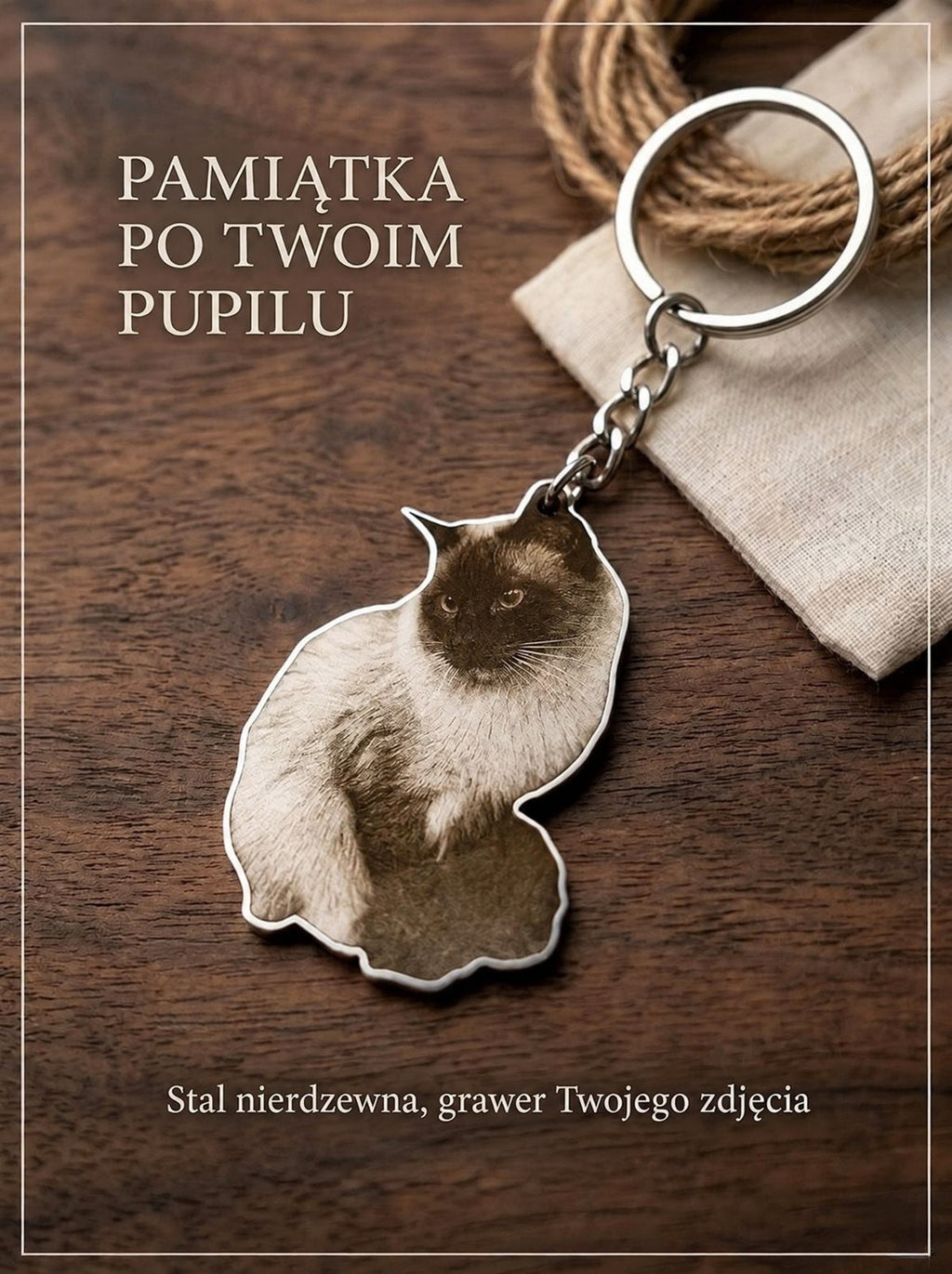 Breloczek ze zdjęciem kota grawerowanym na stali