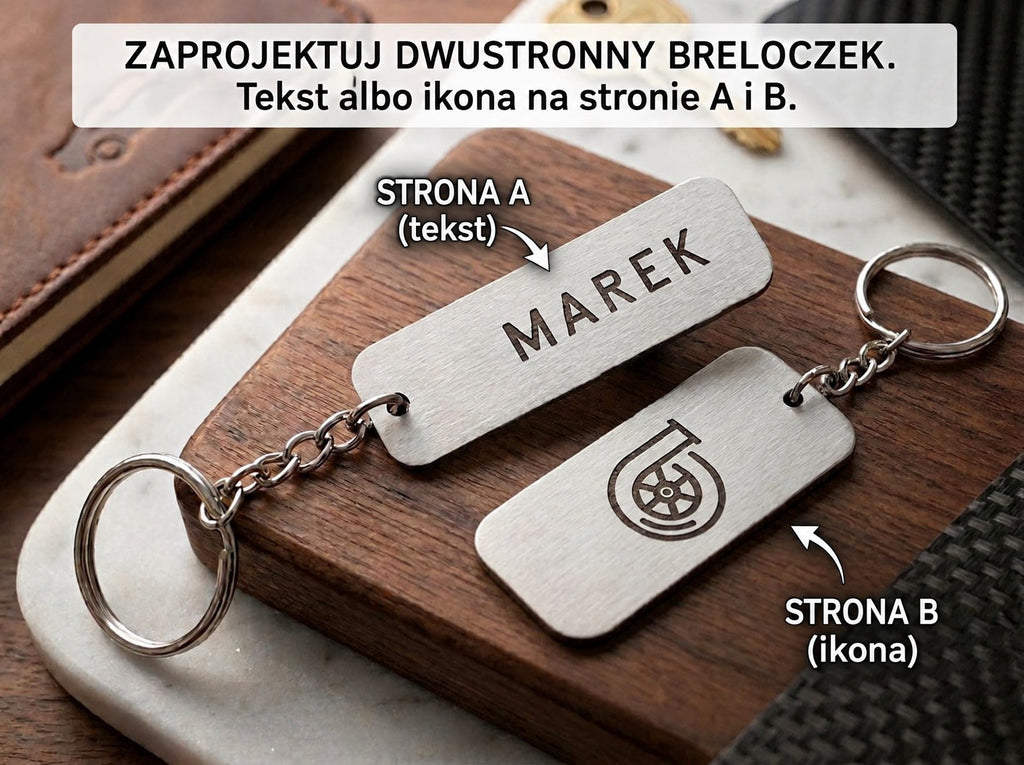 Breloczek z imieniem i motywem motoryzacyjnym, grawer laserowy